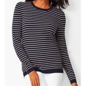 Talbots Sweater Sz L Navy Blue Riviera Striped Pullover Back Zip Long Sleeve EUC